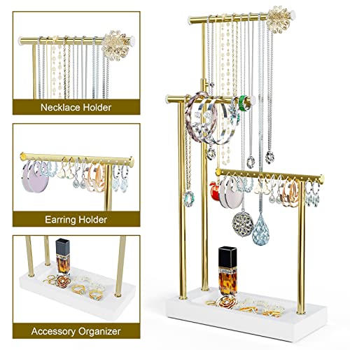 SRIWATANA Jewelry Organizer Display Extra Tall Necklace Holder 3 Tier Jewelry Tree Stand, Gift Idea (White & Gold) | Modern Luxury Jewelry Tree with Wood Base Tray; Ideal to Organize Long Necklaces, Earrings, Rings - color: White & Gold
