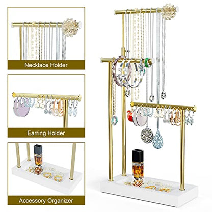 SRIWATANA Jewelry Organizer Display Extra Tall Necklace Holder 3 Tier Jewelry Tree Stand, Gift Idea (White & Gold) | Modern Luxury Jewelry Tree with Wood Base Tray; Ideal to Organize Long Necklaces, Earrings, Rings - color: White & Gold