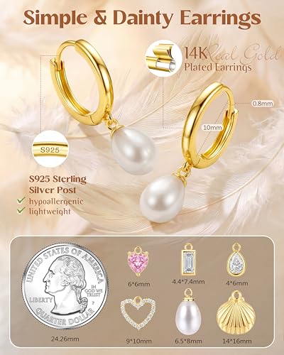 FIBO STEEL 14K Gold Plated Hoop Earrings with Charms for Women Huggie Hoops | Hypoallergenic 925 Sterling Silver Post Dangle Earrings Small Silver Gold Hoops Earring Cubic Zirconia Dangle Drop Jewelry - color: Pearl - 14K Gold Plated