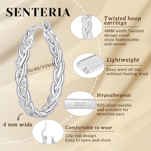 Senteria Silver Twisted Hoops Earring for Women Hypoallergenic Sterling Silver Post Hoop Earrings with AAA+ Cubic Zirconia 14K Gold Plated Hoop Earrings for Women 30/40/50MM - color: Silver-40MM