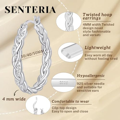 Senteria Silver Twisted Hoops Earring for Women Hypoallergenic Sterling Silver Post Hoop Earrings with AAA+ Cubic Zirconia 14K Gold Plated Hoop Earrings for Women 30/40/50MM - color: Silver-40MM