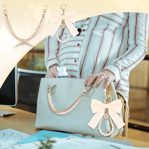 Sureio 5 Pcs Bag Extender Chain Pearl Purse Chain Ribbon Bow Keychain Extender Bag Strap Purse Charms Accessories for Handbag - color: Gold and White