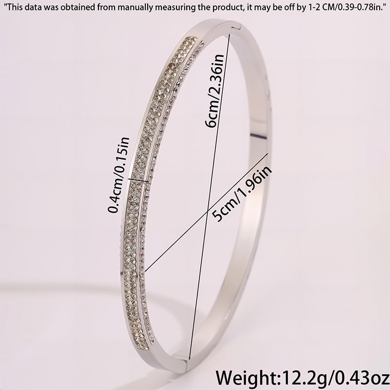 Silver Plated Stainless Steel Bangle Bracelet for Women Triple Row Cuff | Three Row Rhinestone Oval Jewelry with Clear Sparkling Crystals; Secure Adjustable Hinged Clasp Stacking Statement Gift