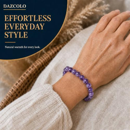 8mm Natural Crystal Stretch Bracelet | Handmade Round Stone Bead Bracelet, Runs Large, Meditation Yoga Gift for Women & Men - color: Dog Teeth Amethyst