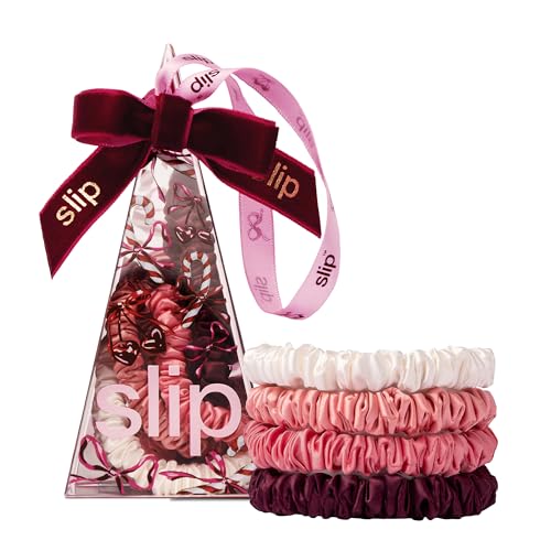 slip Skinny Scrunchies in Candy Cane Ornament Packaging: Anti-Crease, Anti-Breakage Slipsilk™ Design Protects Delicate Hair | Includes 4 Pure Silk Scrunchies - color: Candy Cane