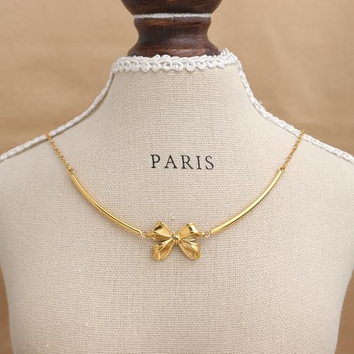 Gold Pendant Pearl Layered Choker Necklace Set for Woman, Chunky Charm Adjustable Pearls Bead Gemstone Shell Conch Tiger Eye Natural Stone Bow Chain Nacklaces Fall Fashion Prom Jewelry Gift. - color: Bow