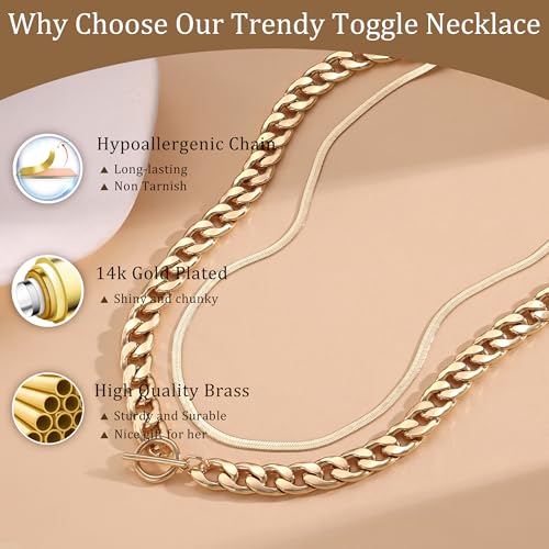 CHESKY 14K Gold Plated Chunky Necklace for Women, Trendy Toggle Clasp | Statement Pendant Necklace, Layered Paperclip Chain, Toggle Clasp Design, Thick Gold Chain, Non Tarnish Everyday Jewelry - color: gold, style: cuban+herringbone