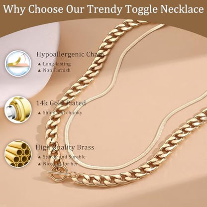 CHESKY 14K Gold Plated Chunky Necklace for Women, Trendy Toggle Clasp | Statement Pendant Necklace, Layered Paperclip Chain, Toggle Clasp Design, Thick Gold Chain, Non Tarnish Everyday Jewelry - color: gold, style: cuban+herringbone