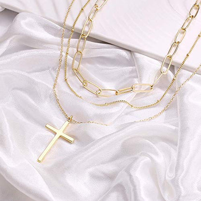 Turandoss Dainty Layered Choker Necklace, Handmade Y Pendant Necklace Multilayer Bar Disc Necklace Adjustable Layering Choker Necklaces for Women - style: 3PCS - Link Chain&Beads Chain&Cross