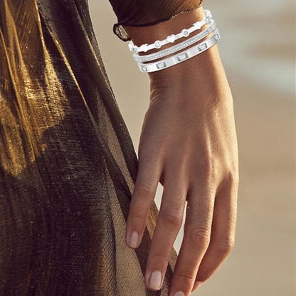 Camhanno Pink Heart Bangle Bracelets for Women - 18K Gold Plated Stackable Stainless Steel, Friendship & Love Jewelry Gift for Her - color: Silver+White