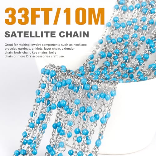 33FT 2mm Stainless Steel Light Blue Enamel Chains Bulk for Jewelry Making | 304 Stainless Steel Enamel Beaded Cable Chains Roll Spool for Necklace Bracelet Craft - color: Stainless Steel Light Blue Beads