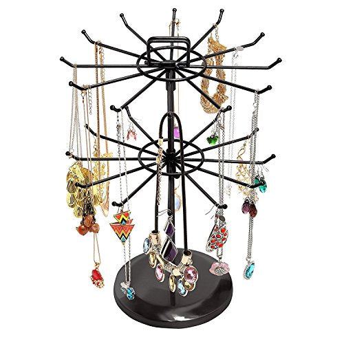 MyGift 2 Tier Black Metal Rotating Necklace Stand with Handle Card Holder | Bracelet Jewelry Tree Stand with 24 Hooks, Multipurpose Accessory and Keychain Spinning Display, Boutique Vendor Craft Shows - color: Black (2 Tier)