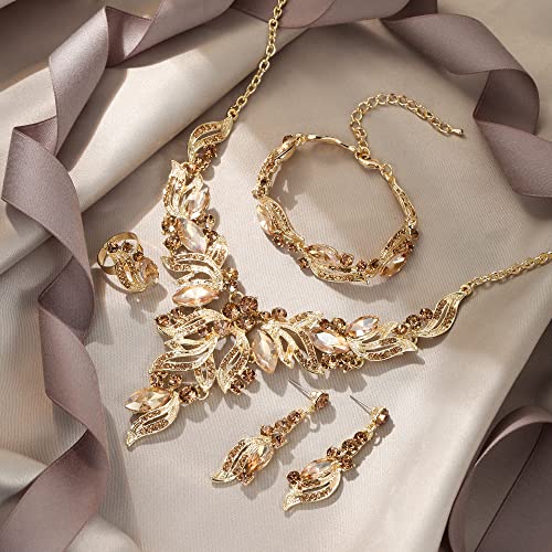 EVER FAITH Bridal Wedding Marquise Crystal Leaf Cluster Statement Y-Shaped Necklace Earrings Bracelet Ring Set for Prom - color: Champagne Gold-Tone
