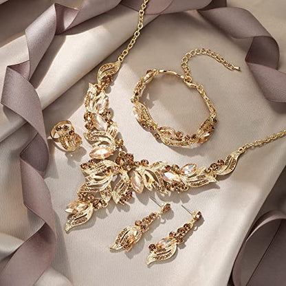 EVER FAITH Bridal Wedding Marquise Crystal Leaf Cluster Statement Y-Shaped Necklace Earrings Bracelet Ring Set for Prom - color: Champagne Gold-Tone