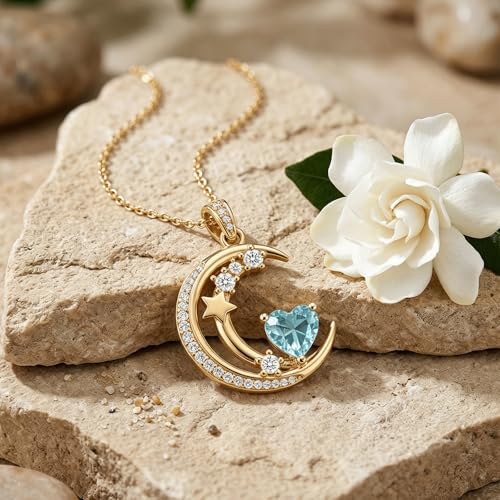 Midari 18K Gold Moon Star Necklace Moon Star Pendant Necklace with 12 Months Birthstones Moons Jewelry Gifts for Women Mom Her - color: 03-March