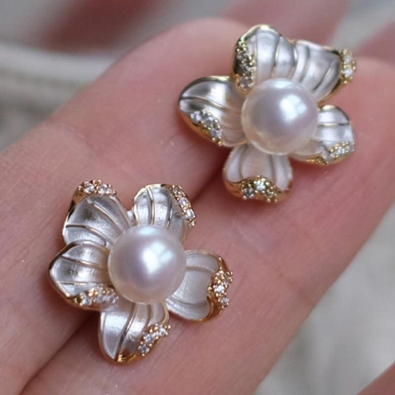 Elegant Imitation Pearl White Enamel Flower Stud Earrings for Wome Daily Party Banquet Earrings Jewelry Gifts - color: gold