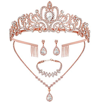 CIEHER 4/5 Pieces Women Jewelry Set - Rhinestone Crown + Drop Necklace + Elegant Bangle Bracelet + Crystal Teardrop Dangle Earrings for Bridal Wedding Party - color: Rose Gold