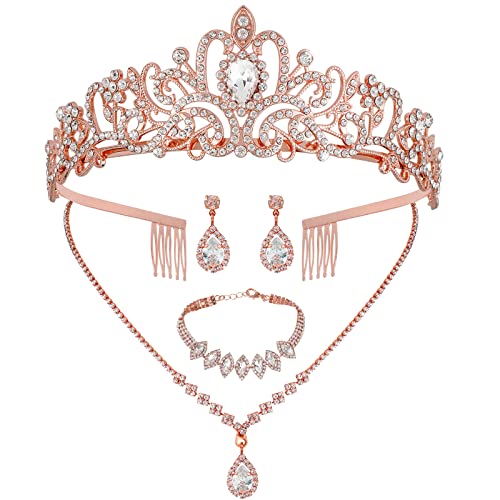 CIEHER 4/5 Pieces Women Jewelry Set - Rhinestone Crown + Drop Necklace + Elegant Bangle Bracelet + Crystal Teardrop Dangle Earrings for Bridal Wedding Party - color: Rose Gold
