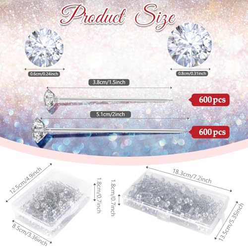 1200 Pcs Corsage Bouquet Pins 1.5inch and 2inch Crystal Diamond Pins Rhinestone Brooch Straight Floral Pins Clear Flower Bouquet Diamond Pins for Bouquets Wedding Bridal Anniversaries DIY Craft