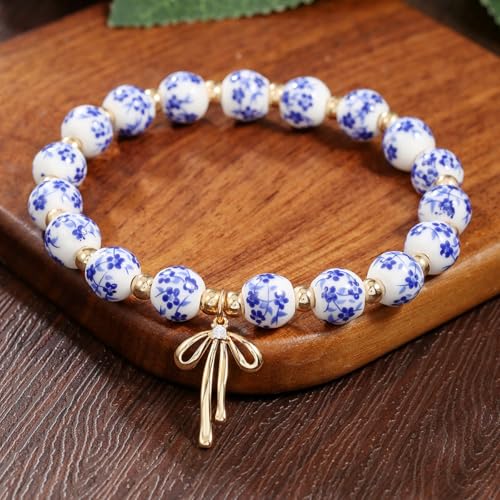 3PCS Bow Beaded Jewelry Set for Women Vintage Handmade Flower Blue And White Porcelain Enamel Ribbon Necklace Bracelet and Earrings Bow Christmas Birthday Holiday Charm Romantic Jewelry Gifts - style: Style A