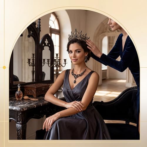 Tondiamo Bridal Jewelry Accessories Set Wedding Crystal Tiaras Crown Teardrop Necklace Earrings Satin Gloves for Women Queen Princess Birthday Prom Pageant Wedding Party - color: Black