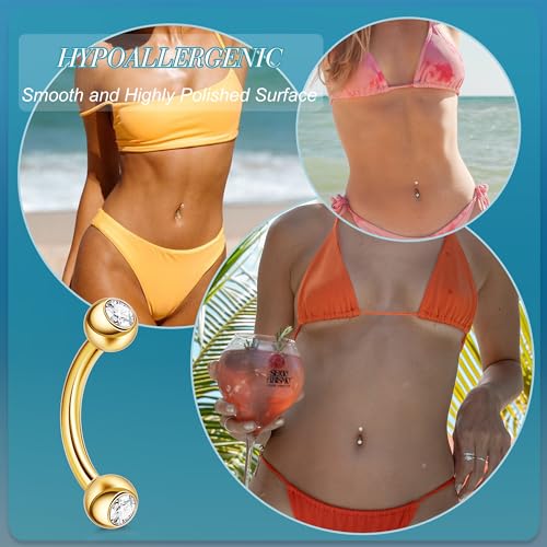 5PCS 14G 316L Stainless Steel Small Belly Button Rings for Women Tiny Simple Internally Threaded Navel Rings Hypoallergenic Petite CZ Opal Eyebrow Lip Daith Rook Piercing Jewelry 6-16MM - color: Gold, size: Bar Length：14MM ( long )