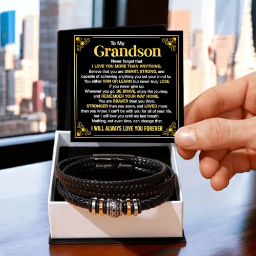 To My GrandSon Bracelet – Love You Forever Braided Leather Bracelet, Meaningful GrandSon Gift from Grandpa & Grandma with Heartfelt Message Card & Elegant Gift Box for Birthday, Christmas - color: Version#2