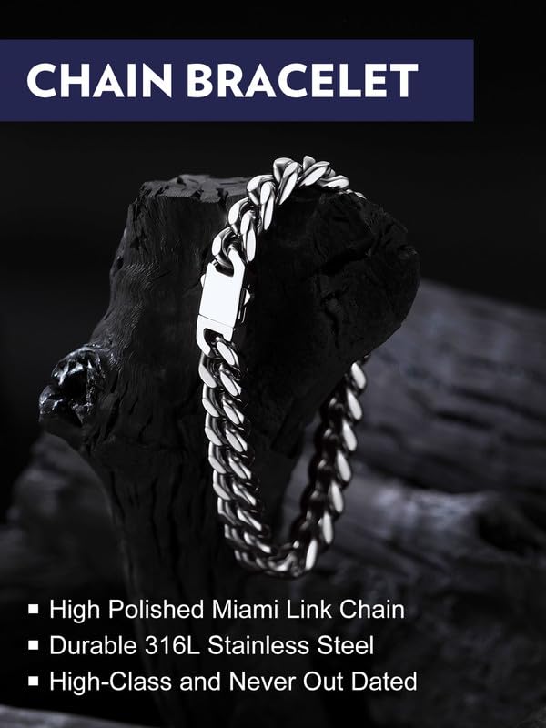 Bandmax Mens Hip Hop Cuban Link Bracelets 5/7/9/12MM Stainless Steel Miami Curb Chain Bracelet Silver/Gold Plated/Black Wristlet Chains for Men 7"-9" - color: 07 9MM-Steel