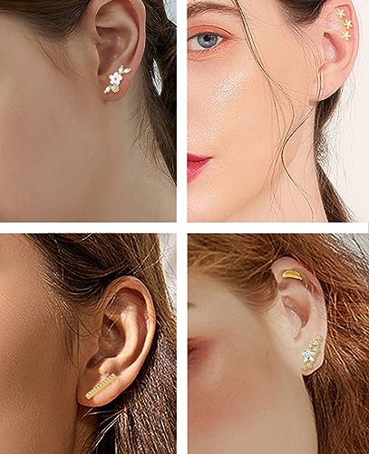 Tornito 9-30Pcs Cartilage CZ Stud Earrings Conch Forward Helix Tragus Daith Piercing Lip Rings Snake Heart Butterfly Jewelry for Women Men 16G Silver Gold Tone - color: A2: 9pcs, Gold Tone