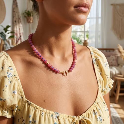 BELLA-Bee Natural Stone Beaded Choker, Multi Color Boho Jewelry Gift | Small bead natural stone choker with stainless steel ring clasp — multicolor stone, handmade healing jewelry for vacation - color: Red