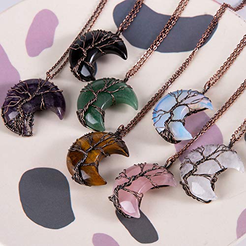 Bivei Life Tree Crescent Moon Necklaces for Women | Copper Wire Wrap Gemstones Pendant Crystals and Natural Stones Necklace Witch Jewellery Christmas Valentine's Day for Friends - color: Purple - Amethyst, style: Pack of 1