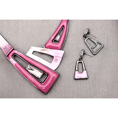 SFE Irregular Enamel Triangle Shape shell Collar Bib Bohemian Boho Statement Necklace Earrings Fashion Costume Jewelry Set for Women - color: Pink-Gun Plated