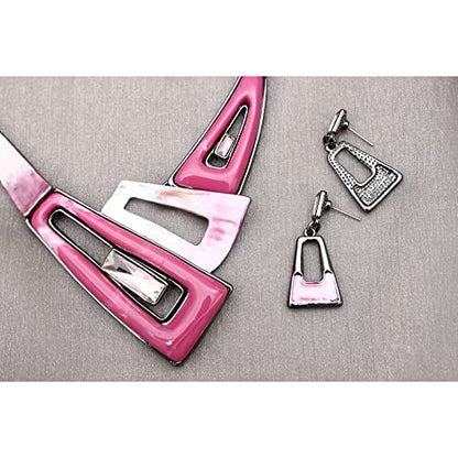 SFE Irregular Enamel Triangle Shape shell Collar Bib Bohemian Boho Statement Necklace Earrings Fashion Costume Jewelry Set for Women - color: Pink-Gun Plated