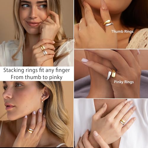Non Tarnish Gold Chunky Rings for Women, 14K Gold Plated Statement Dome Rings Stacking Silver, Adjustable Mens Eternity Wedding Band Mixed Metal Jewelry Size 3-13 - color: Silver & Gold, size: 3, style: Open Twist Band