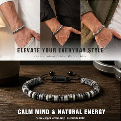 Natural Stone Beaded Bracelet for Men Women Boho Adjustable - color: Zebra Jasper