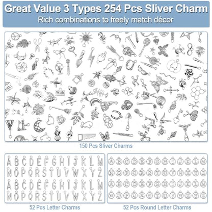 Modacraft 254 Pcs Silver Charms for Jewelry Making with Alphabet Letters | Wholesale Bulk Tibetan Silver Charm Pendants for Bracelet Necklace DIY Crafting - style: Sliver Charm & Letter Charms-254 Pcs