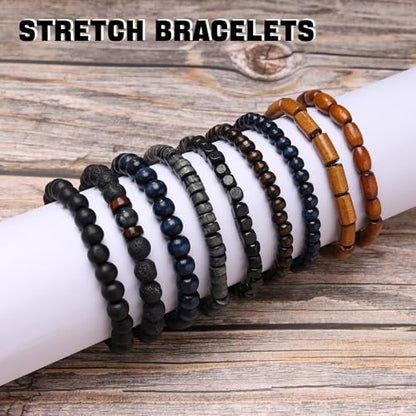 Mens Beaded Bracelets Tribal Wooden Elastic Adjustable Prayer Beads Wrap Cuff for Women - color: L: 10pcs