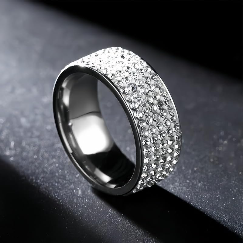 Multi Row Rhinestone Stainless Steel Band Ring Jewelry for Women | Multi rows shiny rhinestones, durable stainless steel, stylish band, ideal birthday holiday gift jewelry for women - color: silvery