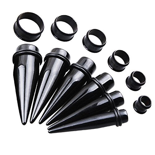 TOPBRIGHT 24PCS UV Acrylic Tapers and Surgical Steel Plugs Ear Gauges Kit Eyelets Stretching Set 00G-20mm - color: Black