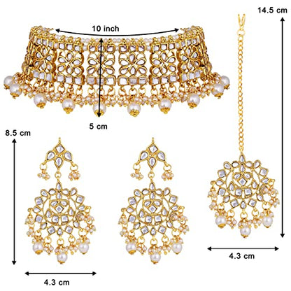 Aheli Elegant Indian Faux Kundan Studded Choker Necklace with Maang Tikka Set Ethnic Wedding Wear Bharatanatyam jewellery set Gift for Women - color: White