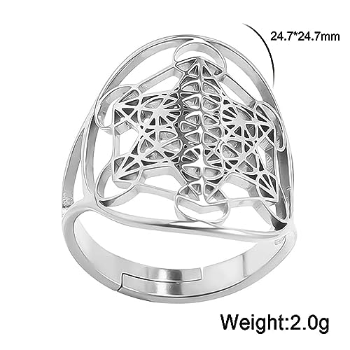 Metatron's Cube Ring Angel Seal Archangel Metatron Cube Protection Statement Hollowed Out Womens Stainless Steel Open Band Ring Jewelry - color: Silver
