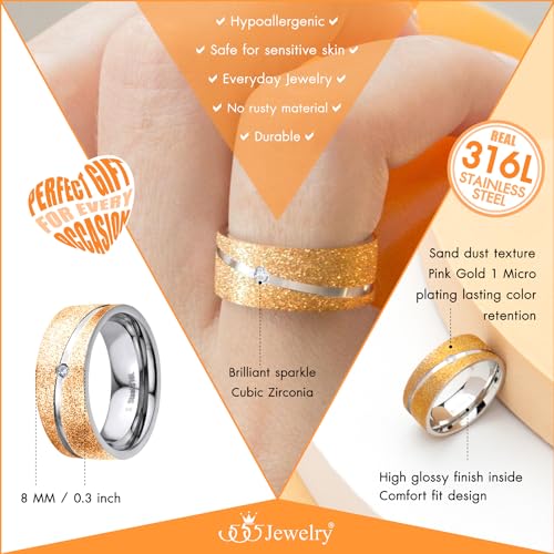 555Jewelry 4mm Sandblast Stainless Steel CZ Wedding Band Ring for Women & Men - color: Rose Gold Style 3