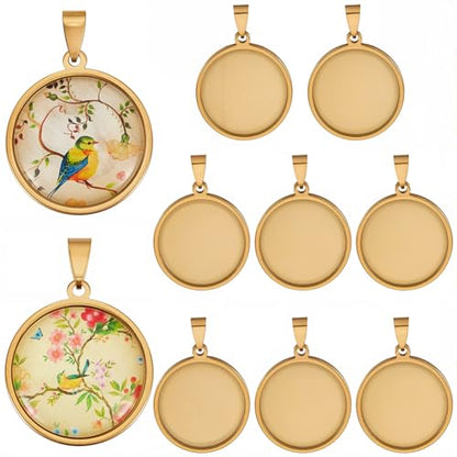 1 Box 10Pcs 25mm Gold Bezel Trays Stainless Steel Cabochon Setting Metal Flat Round Cameo Pendant Base Trays Blanks Charm for Photo Jewelry Making Earrings Necklace DIY Craft Accessories - style: gold round