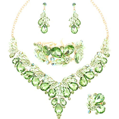 Jewelry Set for Women, Statement Necklace Dangle Earrings Bracelet Ring, White/KC Gold Plated Jewelry Set with Rhinestone Pearl Crystal Wedding Party Jewelry for Bridal Bridesmaid - color: Green-Gold Plated