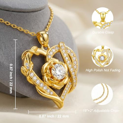 KQ&TTENG Heart Necklaces for Women 14K Gold Plating Hearts Necklace CZ Romantic Rose Pendant Mothers Day Anniversary Birthday Gift for Wife Mom Her - style: 12-Rose Ribbon Necklace