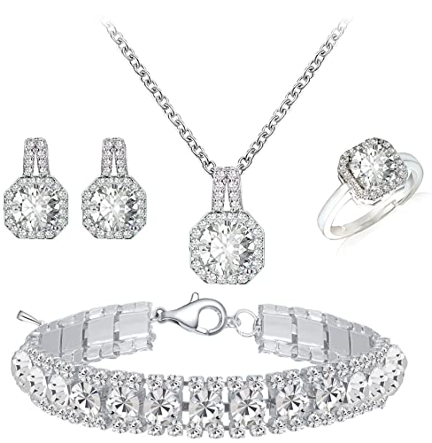 Paxuan 4pcs Cubic Zirconia Wedding Jewelry Sets for Bride Bridesmaid Cubic Zirconia Pendant Necklace Earrings Link Tennis Bracelet Open Ring Set for Women - color: Platinum Plated White Cubic Zirconia
