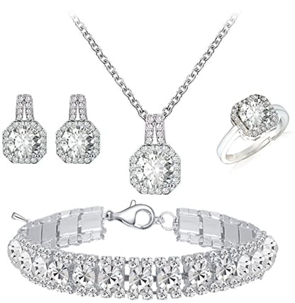 Paxuan 4pcs Cubic Zirconia Wedding Jewelry Sets for Bride Bridesmaid Cubic Zirconia Pendant Necklace Earrings Link Tennis Bracelet Open Ring Set for Women - color: Platinum Plated White Cubic Zirconia