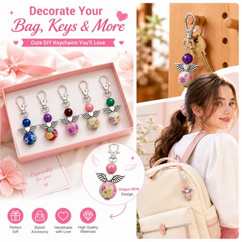 Metacipher 180Pcs DIY Angel Keychain Making Kit with Beads & Pliers | Angel Wing Spacers,Floral Beads,Lobster Clasps,DIY Bag Charm, Jewelry Making Supplies,Party Favor,Crafts for Women - color: Love Wings