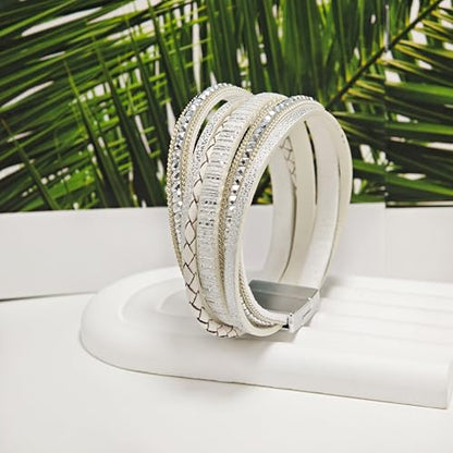 ZMANYIJEW Leather Wrap Bracelets for Women,Boho Cuff Bracelets Multi-Layer Crystal Beads Cuff Bracelet Multilayered Leopard Leather Braided Bangle Wrist Cuff Bangles - style: white