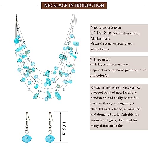 Multi-Layer Boho Shell Beaded Necklace for Women Colorful Crystal Strand with Silver Beads Statement Collars Necklace and Earrings Costumes Jewelry Sets for Women - color: 48-Turquoise